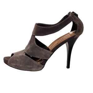 Ellen Tracy Sadie Peep Toe T-Strap High Heels Suede Leather Gray Womens Size 8